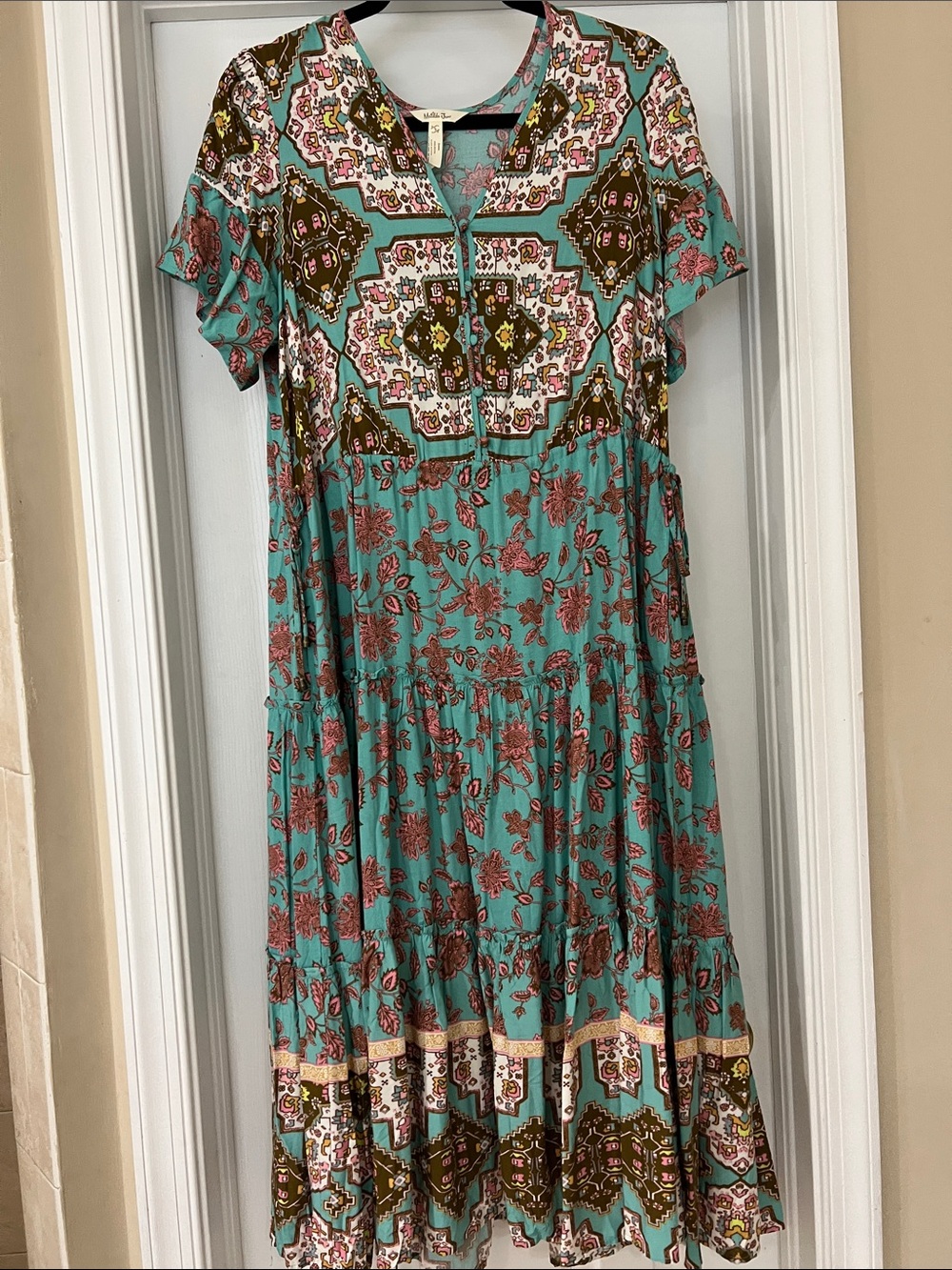 Matilda Jane Teal Floral Tiered Midi Dress with Olive Accents